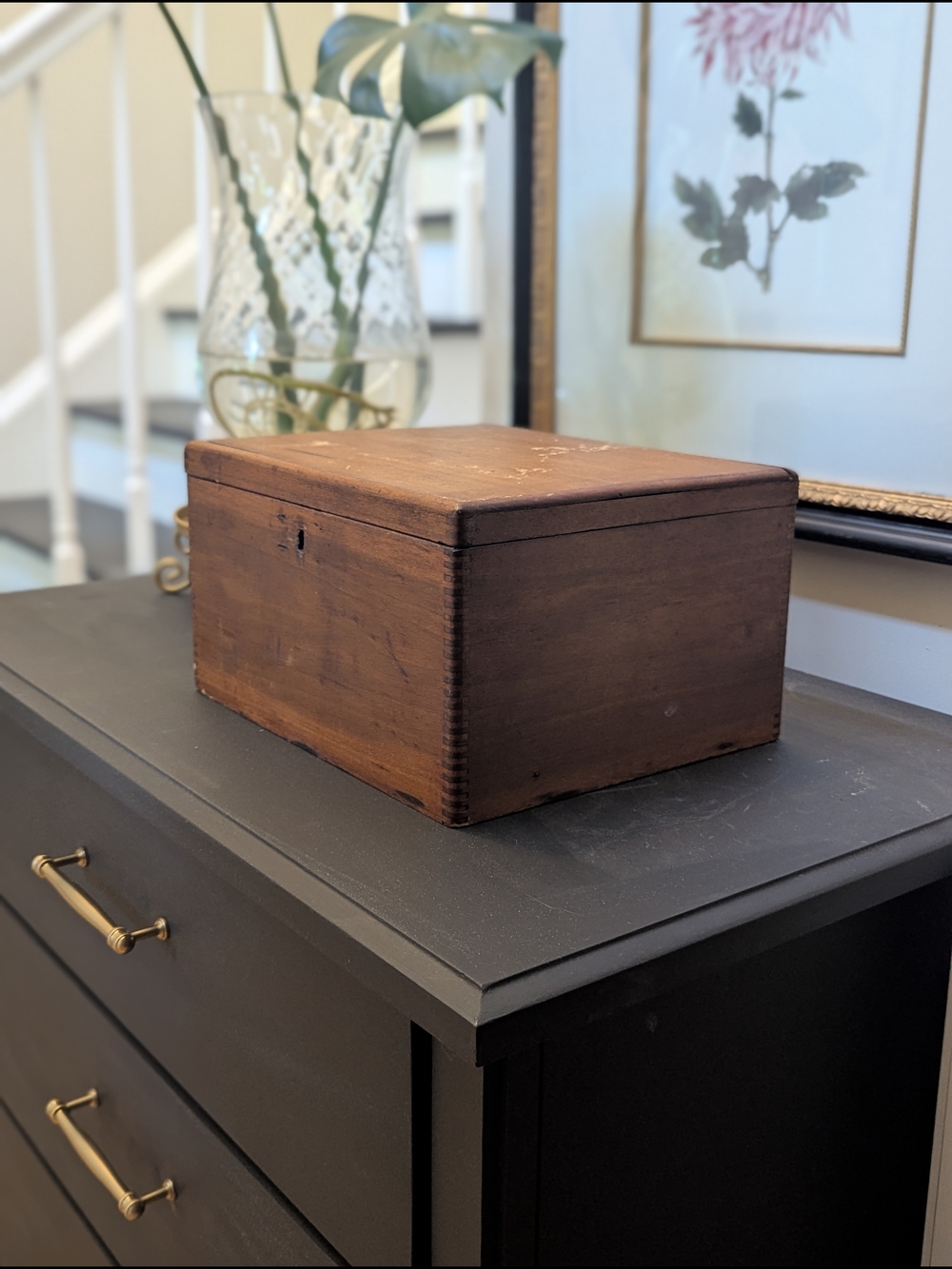 Victorian Dovetailed Wood Box Hinged Lid & Hidden Lithograph
